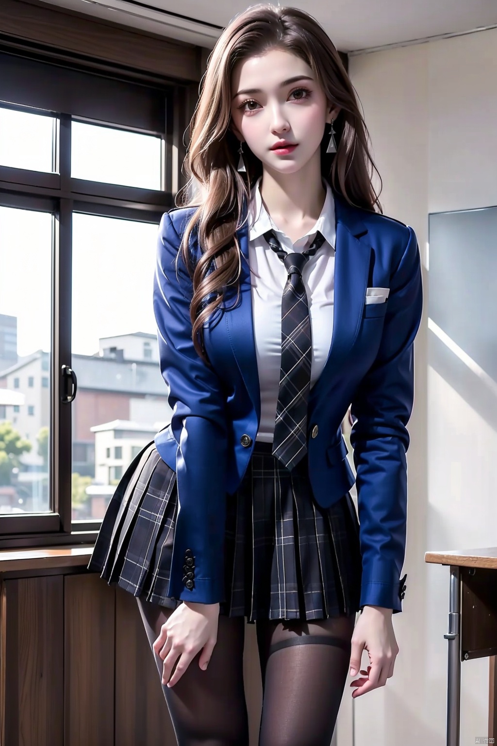 1girl,  skirt,  solo,  pantyhose,  school uniform,  window,  necktie,  looking at viewer,  jacket,  shirt,  indoors,  plaid,  plaid skirt,  brown hair,  white shirt,  black pantyhose,  red necktie,  long hair,  pleated skirt,  jewelry,  leaning forward,  earrings,  brown eyes,  blazer,  long sleeves,  collared shirt,  parted lips,  blue jacket,  forehead,  desk,  standing,  striped necktie,  classroom,  lips,  yunyouyou, plaid,<lora:EMS-103779-EMS:0.800000>,<lora:EMS-86839-EMS:0.500000>,<lora:EMS-80191-EMS:0.300000>
