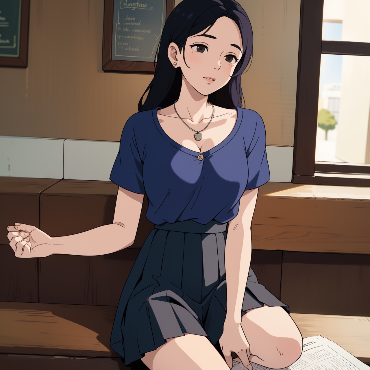 ( dark indigo pleated skirt ,  buttoned shirt ) ,  ((summer day )) on Tensor.Art