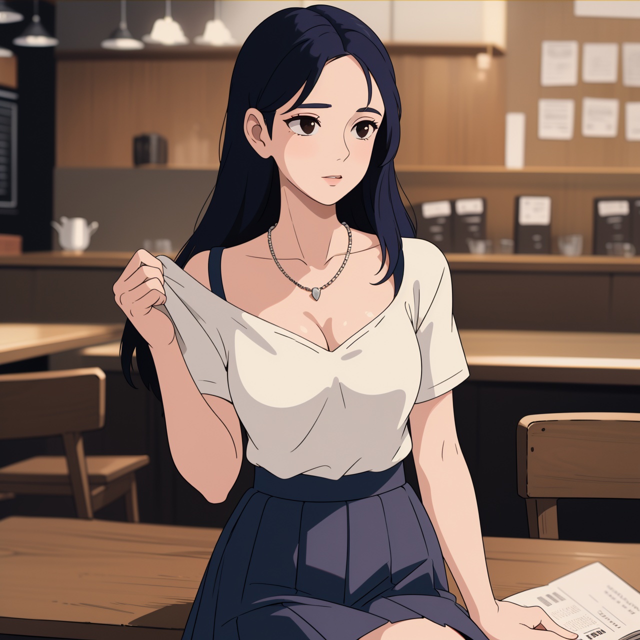 ( dark indigo pleated skirt ,  buttoned shirt ) ,  ((summer day )) on Tensor.Art