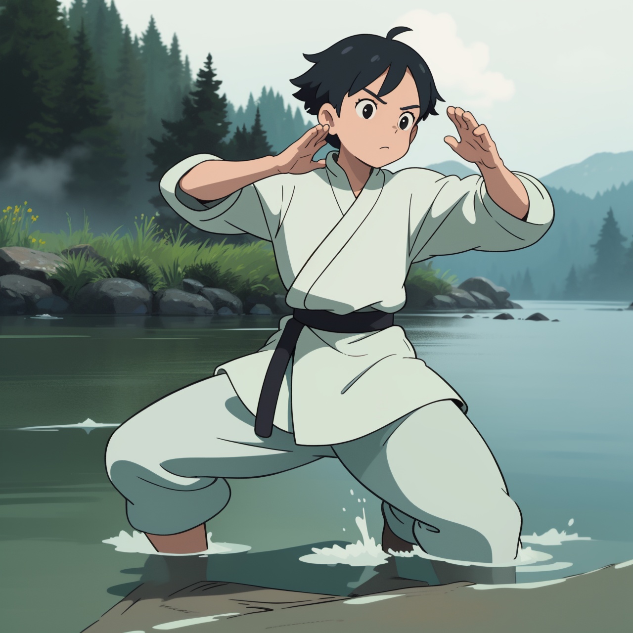 1boy,  ghibli,  kung fu pose on Tensor.Art
