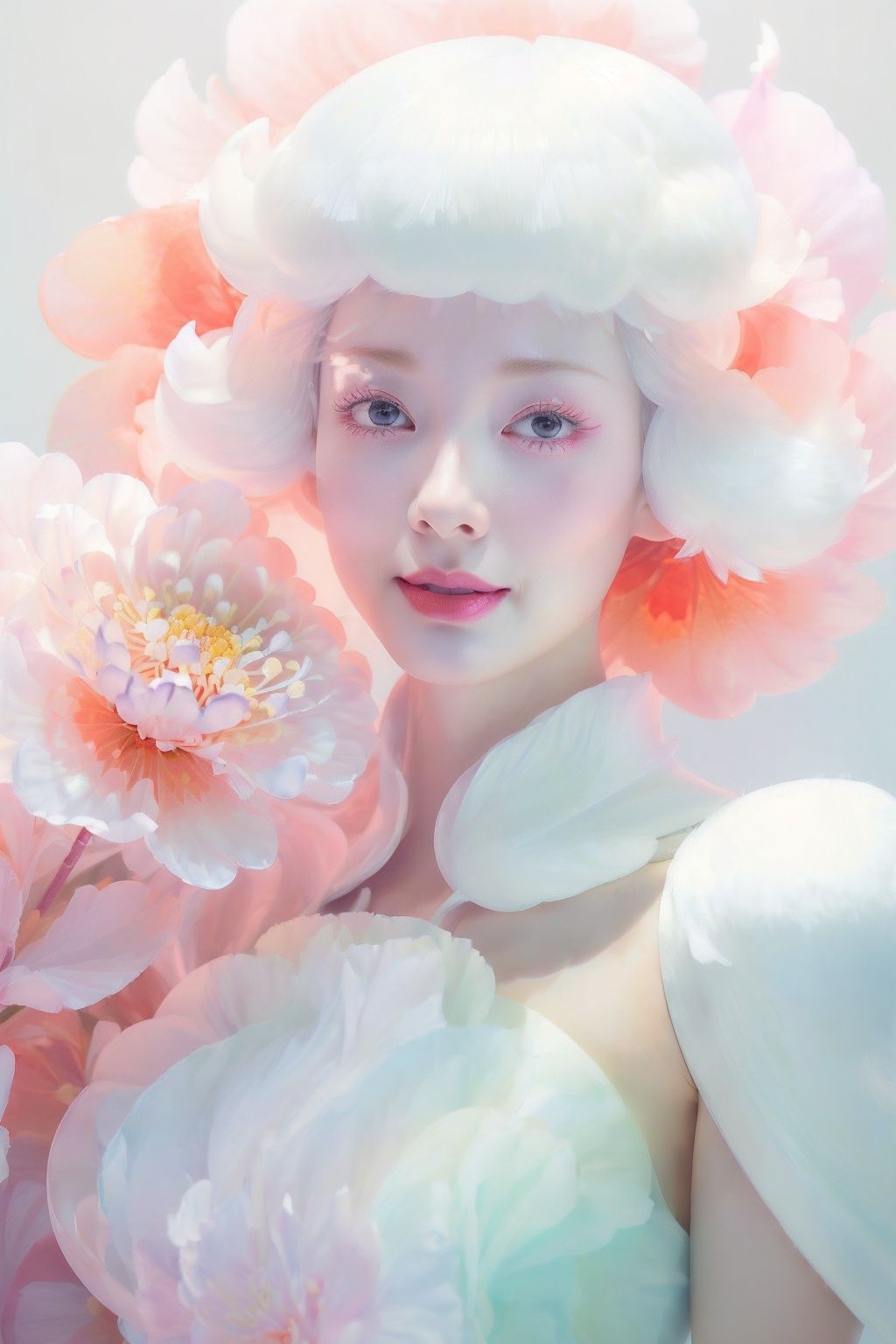 1girl, cowboy shot, dynamic pose, beautiful chinese girl, detailed face, asymmetrical bangs, (double buns, hair flower, facing viewer, small face, (happy, smile, dimple, red eyes), lipstick, brush, long winged eye liner, long eyelashes, nose contouring, symmetrical eyes, chiselled jaw line),((large breasts:1.4), defined abs, narrow waist), (nice hands, perfect hands), (chinese dress, white fur red cape:1.5), high detail skin, real skin, (sky, cloud, mountain, falling flower petals, cherry blossoms, backlighting:1.4), (masterpiece, top quality, best quality, official art, beautiful and aesthetic:1.2), extreme detailed,((colorful refraction)), (beautiful detailed sky), Life optical flow,((dark intense shadows)), ((cinematic lighting)), ((sharp focus)), ((masterpiece)), ((best quality)), epic cinematic, soft nature lights, rim light, absurd, amazing, funny, itricate, hyper detailed, ultra realistic, soft colors,