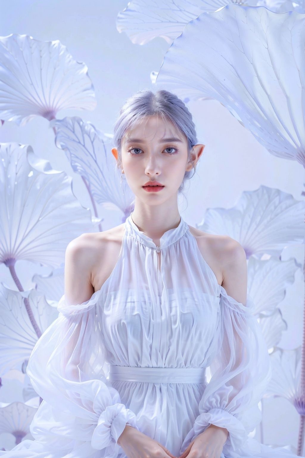Best Quality,Masterpiece,Ultra High Resolution,(Realisticity:1.4),photorealistic,extreme detailed,Original Photo,1girl,portrait,elf,silver hair,solo,cowboy shot,white_dress,bare_shoulders,(dark purple tone:1.2),(low key:1.3),looking at the audiences,xiayuhe,<lora:xiayuhe v0.5-000006:0.7>,<lora:add_detail:0.6>,<lora:epi_noiseoffset_v2:1.2>,<lyco:GoodHands-beta2:1>,
