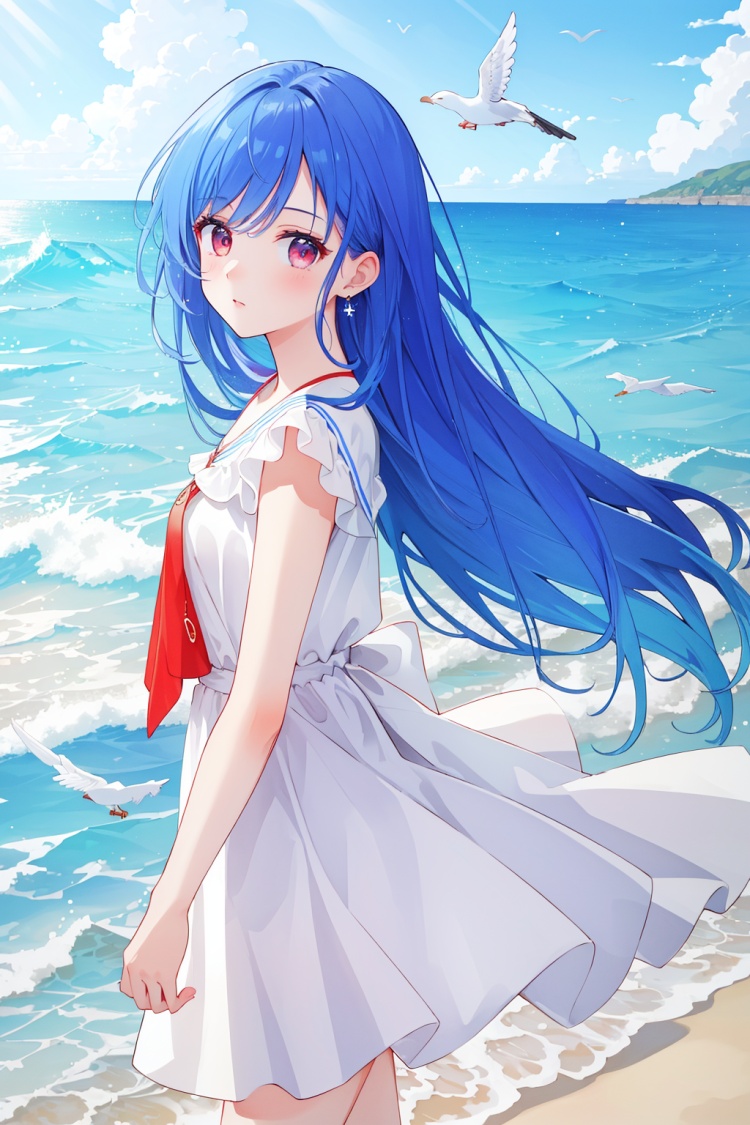  ((masterpiece)), ((best quality)), 8k, high detailed, ultra-detailed,(1woman),with blue hair and red eyes, wearing white clothes, walking by the seaside, (solo), (close-up), (ocean waves), (seagulls), (natural lighting), high detailed, ultra-detailed.