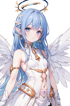  ((best quality)), ((masterpiece)),((ultra-detailed)), (illustration), (detailed light), (an extremely delicate and beautiful),
((solo)),((upper body)),
(((a beautiful girl))),((small_breasts)),((looking at viewer)),
(galaxy adorns colorful wings),(((starry_wings,galaxy wings):1.5)),(Glowing line tattoos),
(white skirt),(white dress),(Glowing halo),
(beautiful eyes),white hair,
((white background:1.7)),