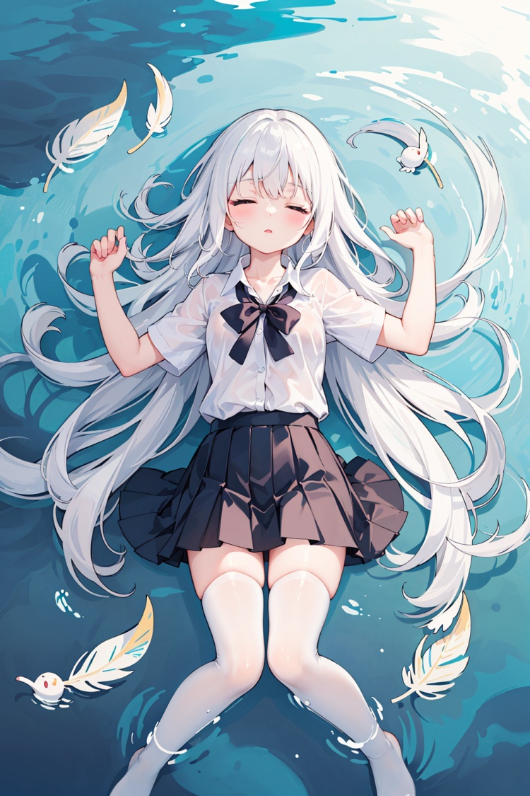  best illustration,(colorful),(from above:1.4),((close up)),(1girl:1.2),(lying_on_water:1.2),(floating on water),full body,(beautiful and delicate face),(beautiful long white hair),(very long white hair),closed eyes,small breasts,(black pleated skirt:1.25),

(facing up),

water background,(reflective water surface),(flouds in water :1.4),(clouds in water),water with feathers,

masterpiece,

1girl,((white hair)),(collared shirt),(white stocking),solo,collarbone,slim legs,(hand on own chest),

(water background:1.2),

 
