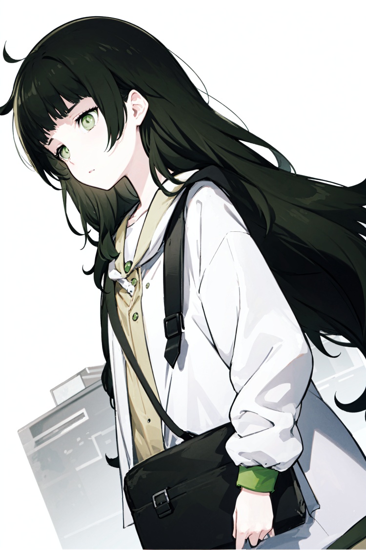  messy hair, dark green hair, very long hair, green eyes, bags under eyes, greyscale,greyscale