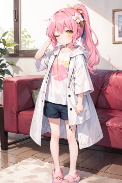  1petite loli, solo.pink hair, long pink hair, (yellow eyes), hair flower, fipped hair, high ponytail, loose over_sized Casual T-shirt, white shirt, hoodie coat, bare legs, slippers;relaxed, one-eye_closed, adjusting hair, looking at viewer, standing.