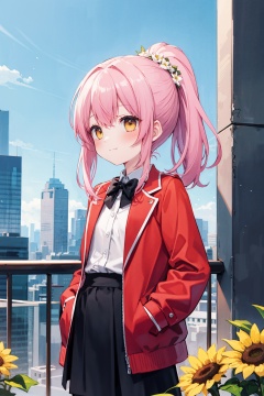  (best quality), ((masterpiece)), (highres),standing,original, extremely detailed wallpaper, (an extremely delicate and beautiful),(loli：1.2),(petite:1.2),Pink hair,Yellow eyes, (red Jacket),high ponytail,white collared shirt,hair flower,fipped hair,floating hair,Frown,hands in pockets,black dress,red bowtie,(solo),sky, skyline, skyscraper, smile, solo, sunflower, tower, upper_body,white flower