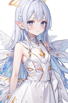  ((best quality)), ((masterpiece)),((ultra-detailed)), (illustration), (detailed light), (an extremely delicate and beautiful),
((solo)),((upper body)),
(((a beautiful girl))),((small_breasts)),((looking at viewer)),
(galaxy adorns colorful wings),(((starry_wings,galaxy wings):1.5)),(Glowing line tattoos),
(white skirt),(white dress),(Glowing halo),
(beautiful eyes),white hair,
((white background:1.7)),