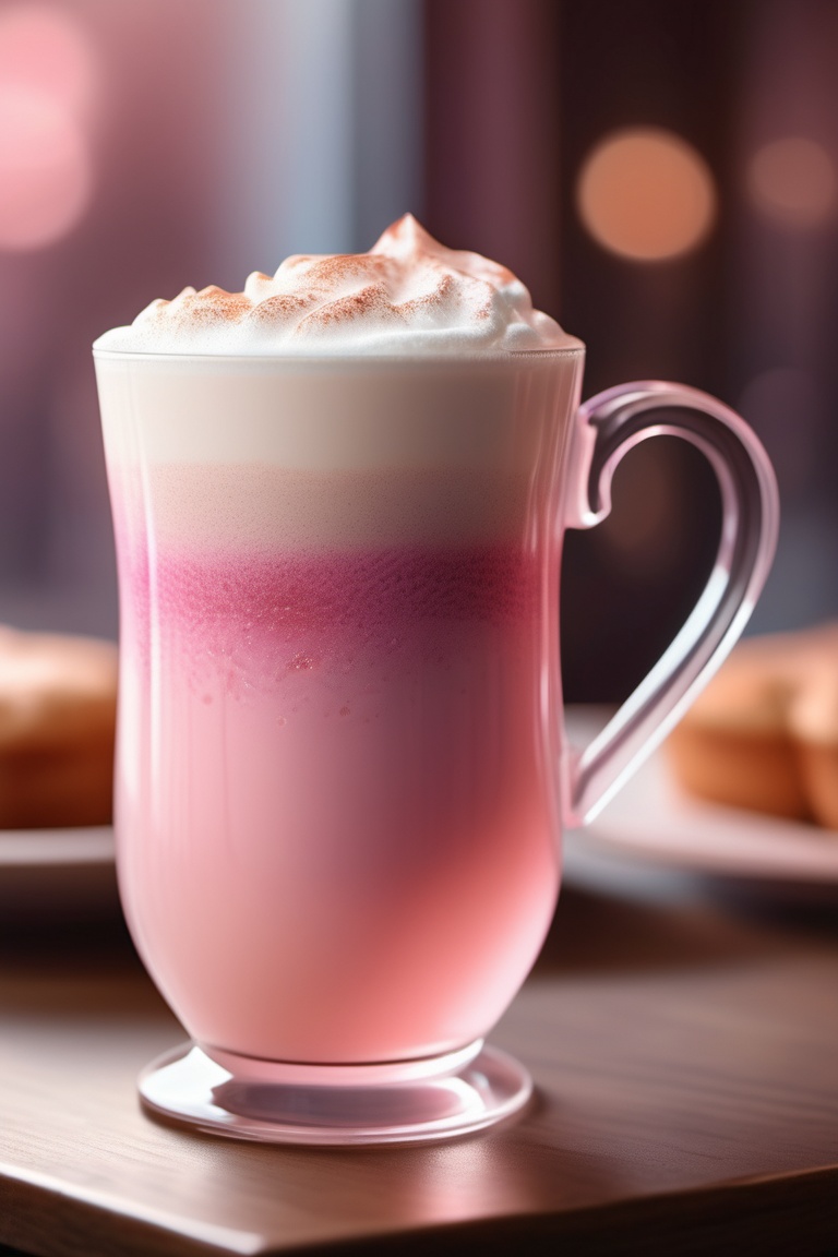 a magical fairy latte,  in a transparent pink-tinted glass,  high quality on Tensor.Art