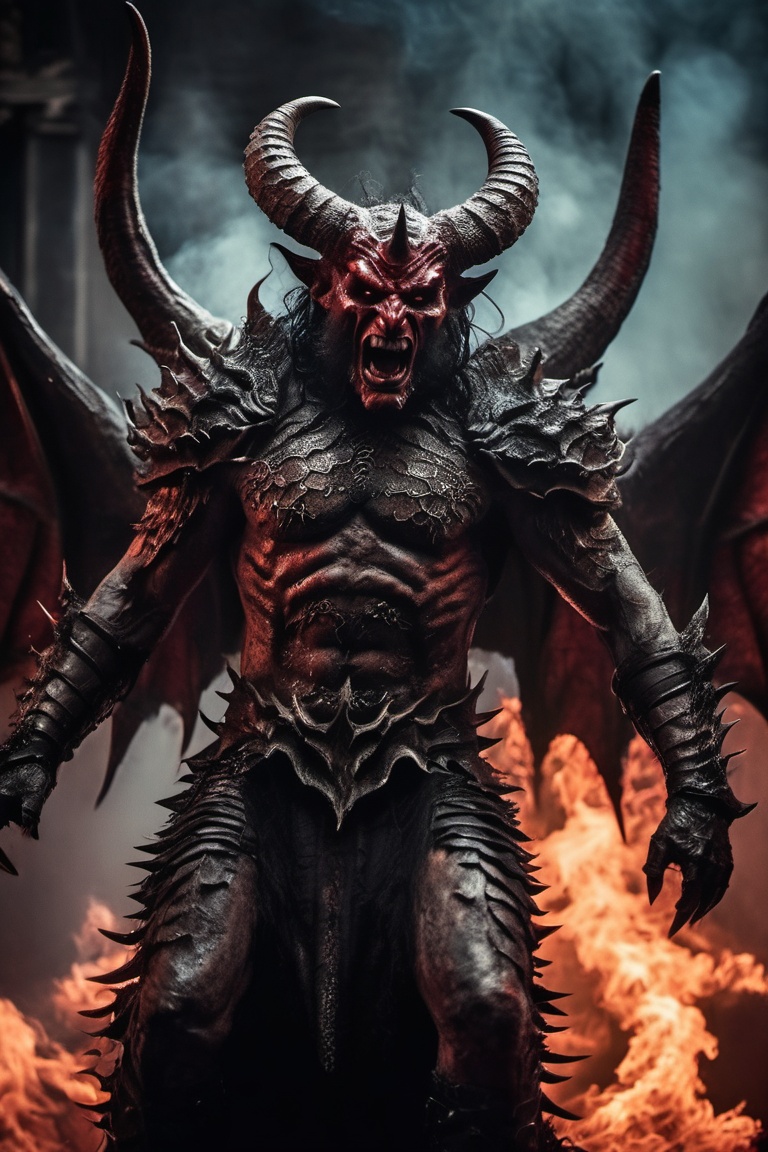 Horror-themed cinematic film still,  a horrifying red-skinned male demon king, on Tensor.Art