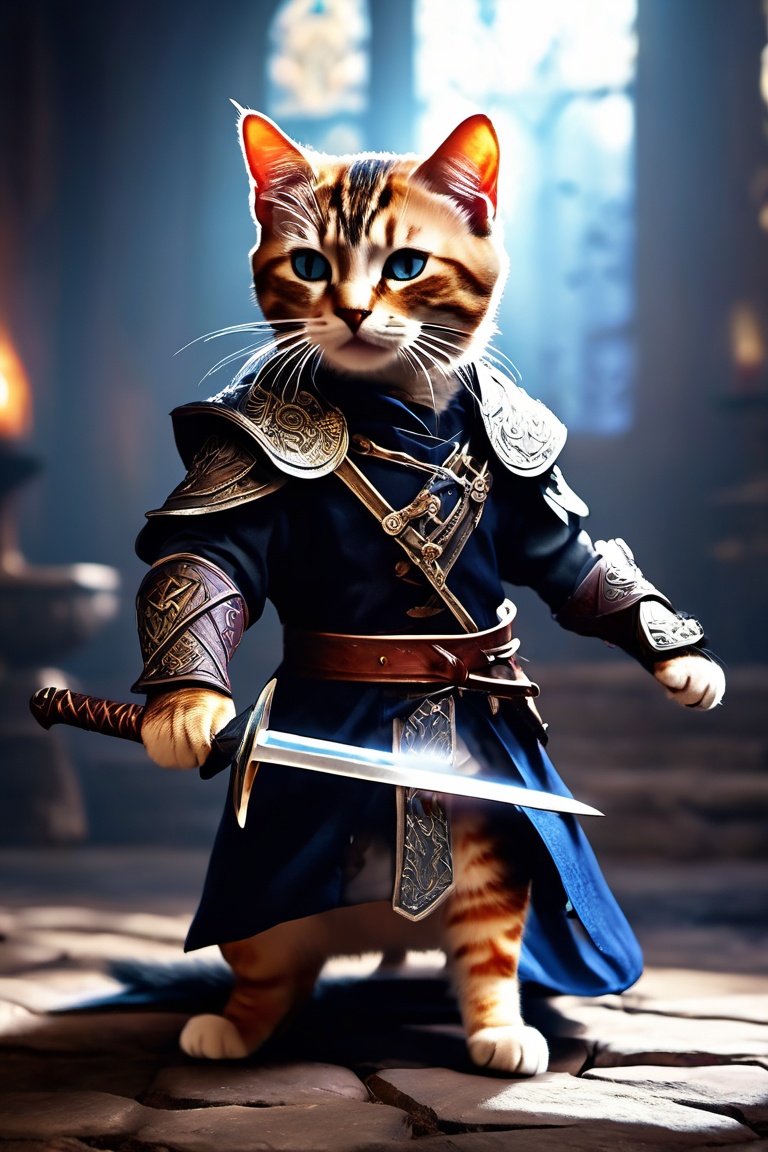 ),  A cute cat battle mage,  sword and shild with runes on Tensor.Art