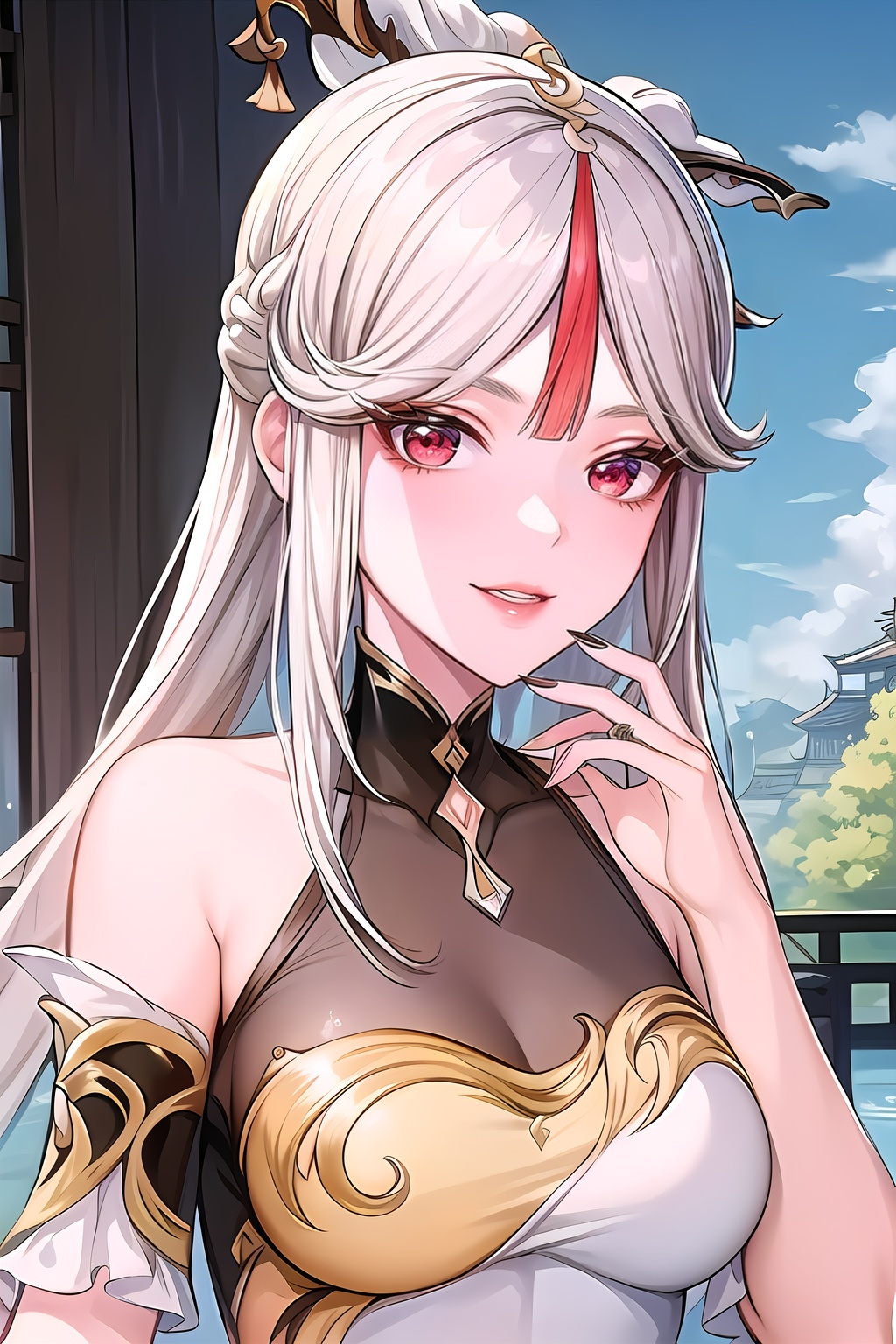 yuanshen,1girl,ningguang \(genshin impact\),solo,long hair,hair ornament,flower,red eyes,breasts,white hair,looking at viewer,tassel,bangs,claw ring,medium breasts,bare shoulders,sky,sidelocks,parted bangs,outdoors,hairpin,,,,nice hands,Silly Smile,parted lips,portrait,upper_body,