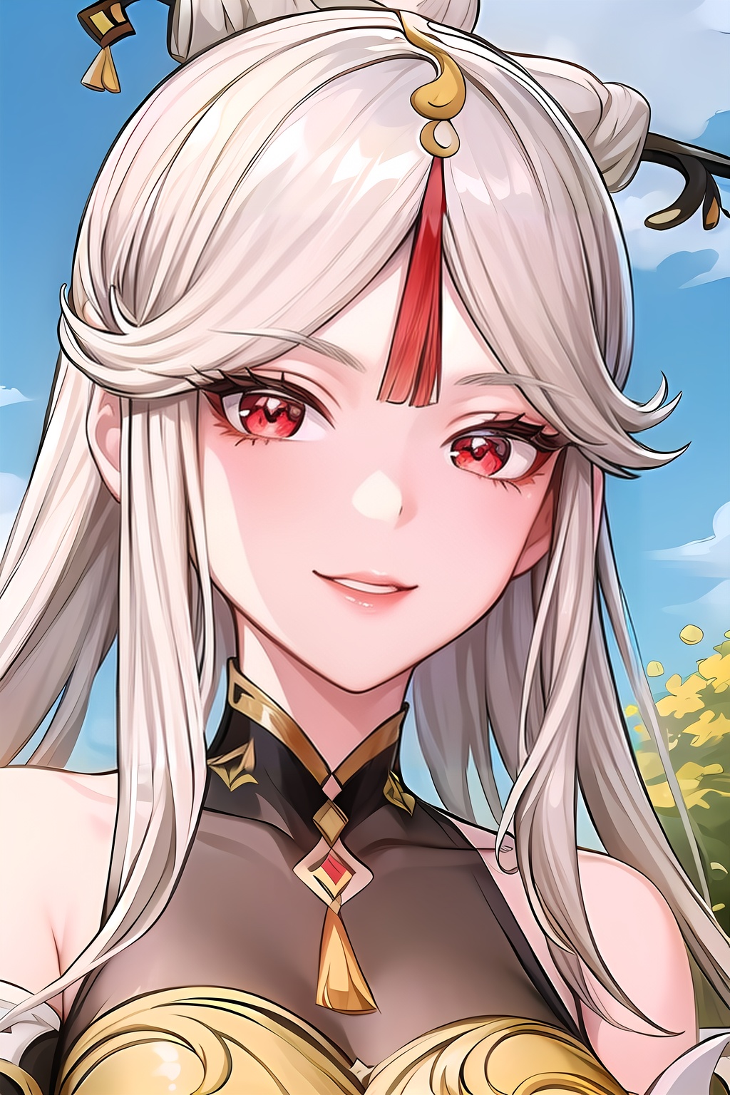 yuanshen,1girl,ningguang \(genshin impact\),solo,long hair,hair ornament,flower,red eyes,breasts,white hair,looking at viewer,tassel,bangs,claw ring,medium breasts,bare shoulders,sky,sidelocks,parted bangs,outdoors,hairpin,,Silly Smile,portrait,upper_body,