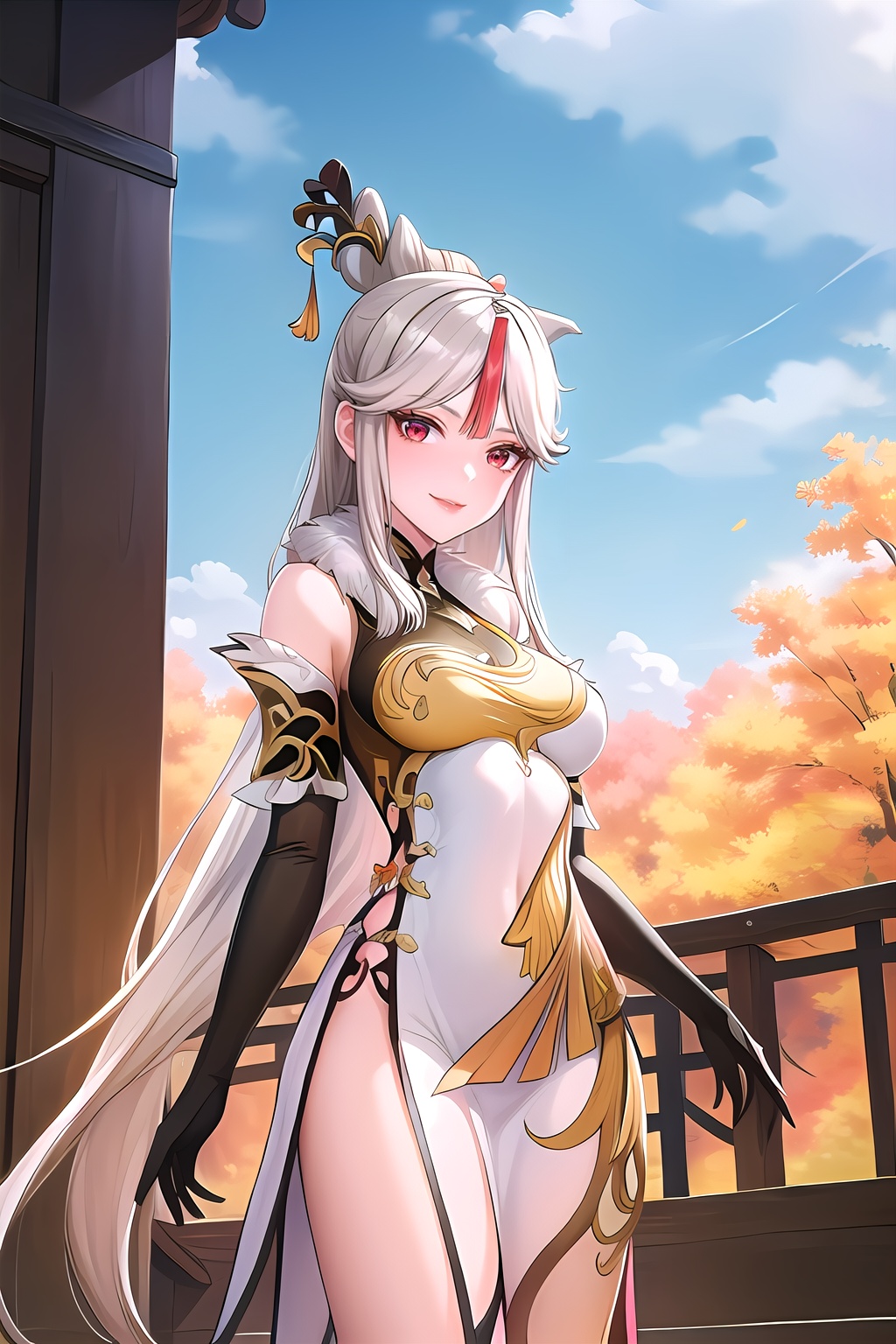 yuanshen, 1girl, ningguang \(genshin impact\), solo, gloves, long hair, hair ornament, flower, dress, red eyes, elbow gloves, breasts, black gloves, white hair, looking at viewer, smile, tassel, bangs, chinese clothes, claw ring, white dress, china dress, medium breasts, bare shoulders, sky, fur collar, sidelocks, parted bangs, outdoors, hairpin,,,,nice hands,,arms behind back,