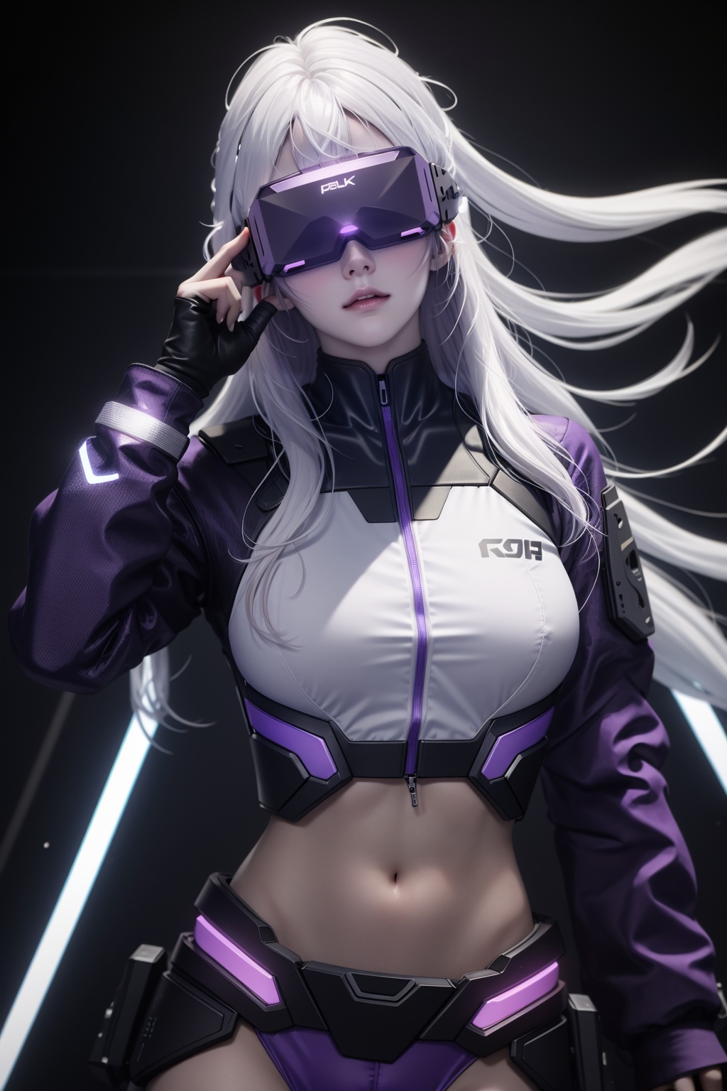 glowing head-mounted display,  1girl,  (bodysuit:1.0),  cyberpunk,  cowboy_pose,  (long_hair:0.8),  (white_hair:1.0),  (belly:1.2),  arm_up,  medium_breast,  closed_mouth,  purple and blue mood,  light_particles,  wind,<lora:EMS-105543-EMS:0.700000>