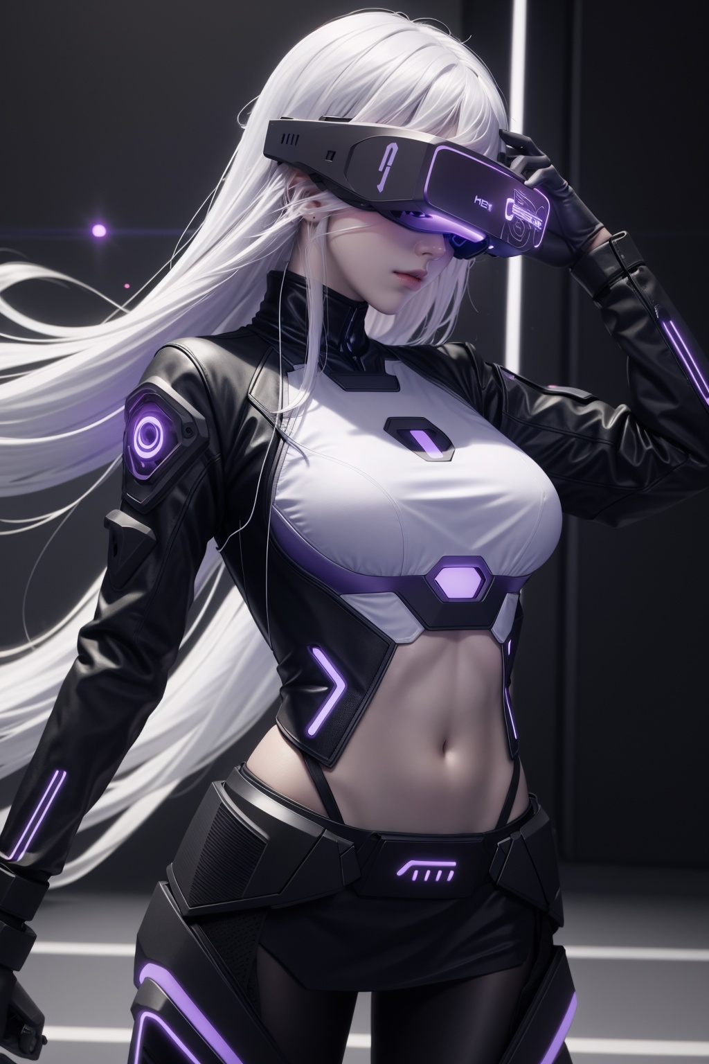 glowing head-mounted display,  1girl,  (bodysuit:1.0),  cyberpunk,  cowboy_pose,  (long_hair:0.8),  (white_hair:1.0),  (belly:1.2),  arm_up,  medium_breast,  closed_mouth,  purple and blue mood,  light_particles,  wind,<lora:EMS-105543-EMS:0.800000>