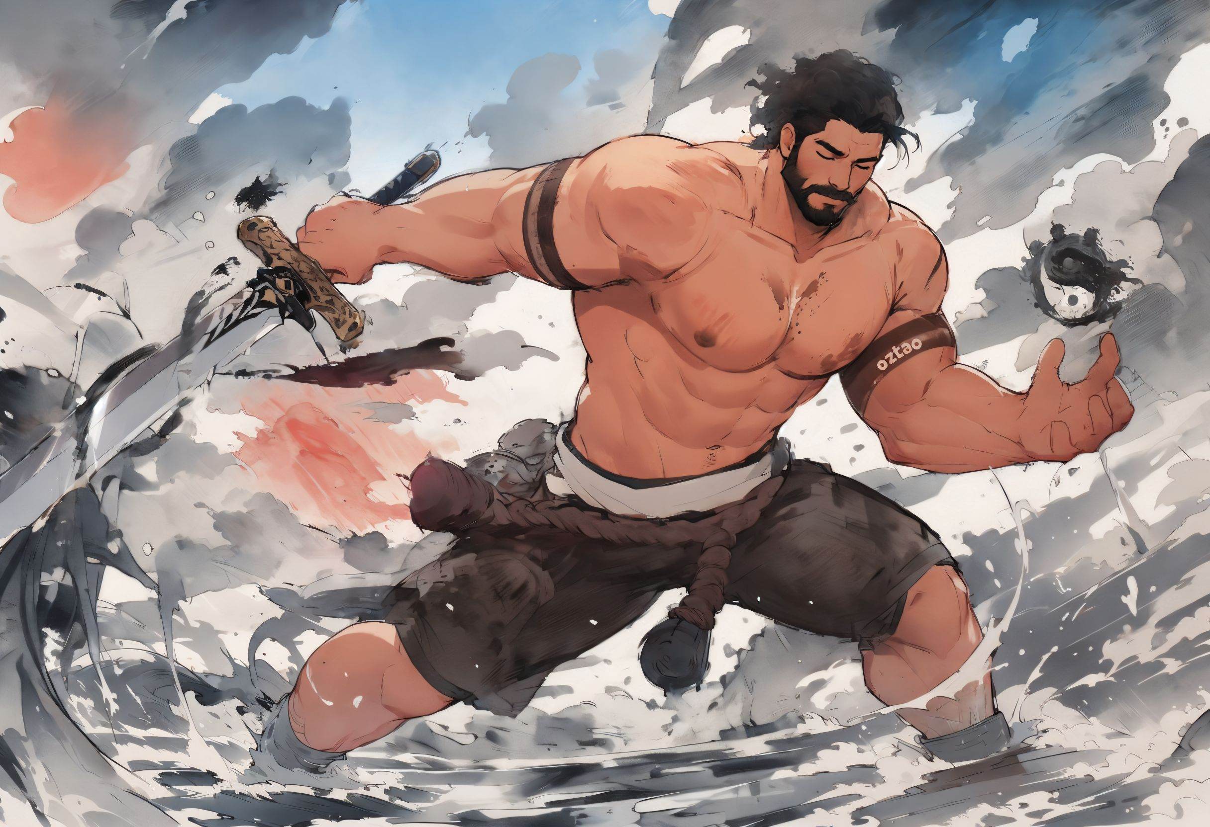 <lora:武侠水墨风_v1.0:0.5>, CGwuxiastyle asw, <lora:**--风格化_v1.0:0.7>, ink wash painting, ink splash, (clouds:1.1), ink landscape, sword, ink ball, facial hair, one eye closed, male focus, 1boy, muscular, muscular male, bara, solo, pectorals, abs, sword, facial hair, beard, mature male, water, navel, short hair, sky, shorts, topless male, day, cloud, outdoors, holding sword, black hair, holding, chest tattoo, thick arms, fighting stance, rope, cloudy sky, splashing, scar, tai chi, 