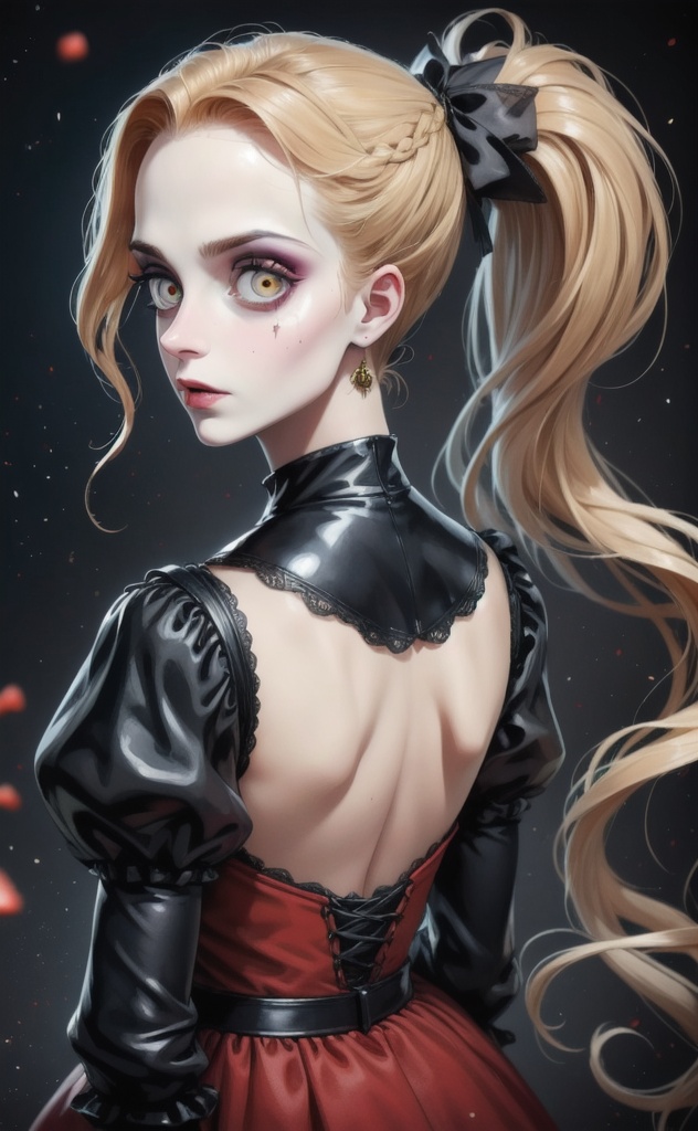 zzstyle,(masterpiece, best quality:1.2), (face focus:1.4), back focus, from behind, blonde hair, long hair, high ponytail, long ponytail, red eyes, long eyelashes, thick eyelashes, looking at viewer, red dress, backless dress, gold trim dress, puffy sleeves, juliet sleeves, long sleeves, red sleeves, (black background:1.2), light particles, blurry, bloom, shiny hair, 