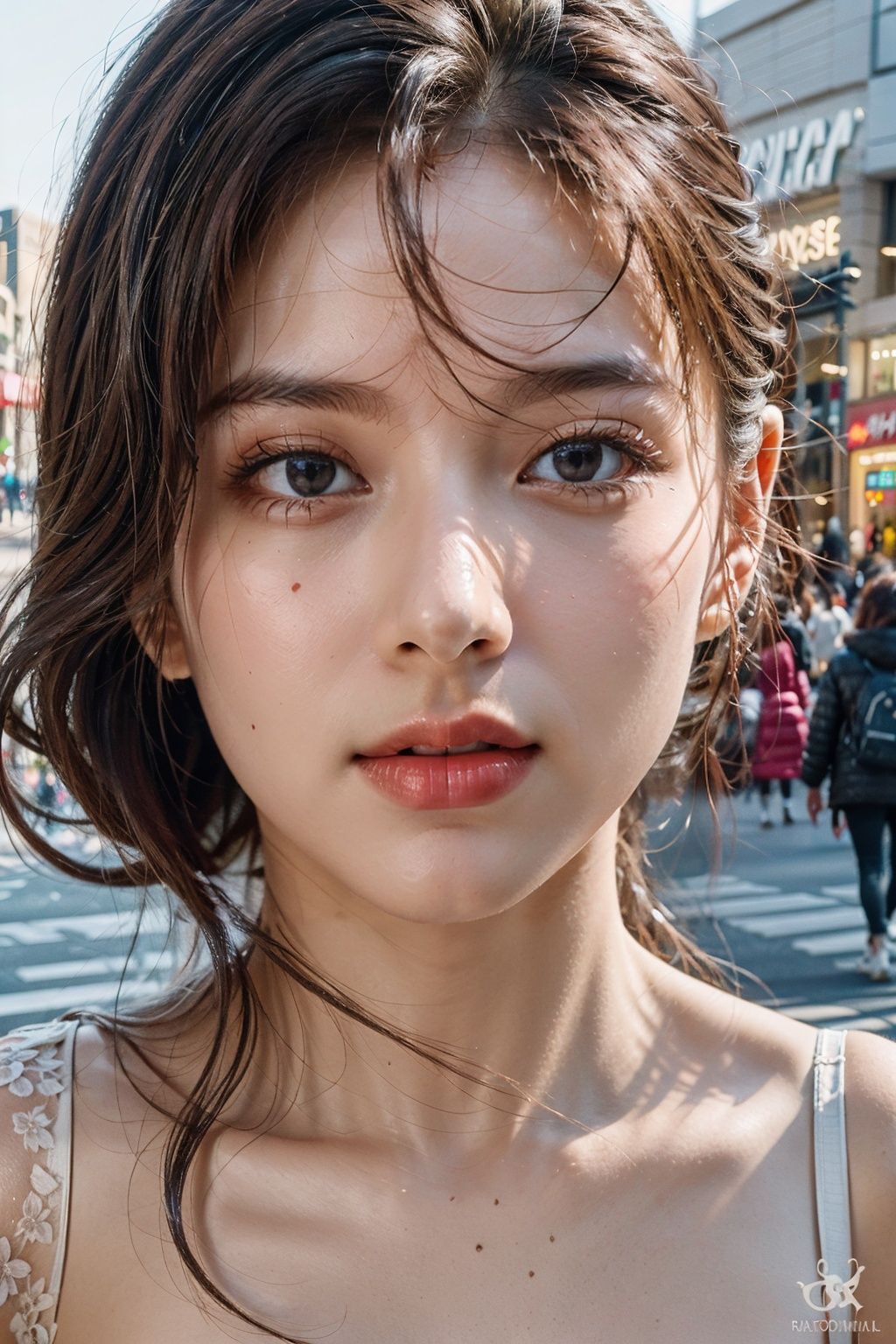 best quality, hyper realism, (ultra high resolution), masterpiece, 8K, RAWPhoto,1girl,,outdoor,walking in the street,stores,malls,crowedded street,fashion silk dress,(beautiful face:1.8), <lora:2-000007:0.8>