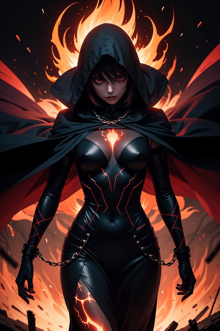 A striking anime character,  shrouded in shadows and poised for battle,  stands against a deep crimson background adorned...