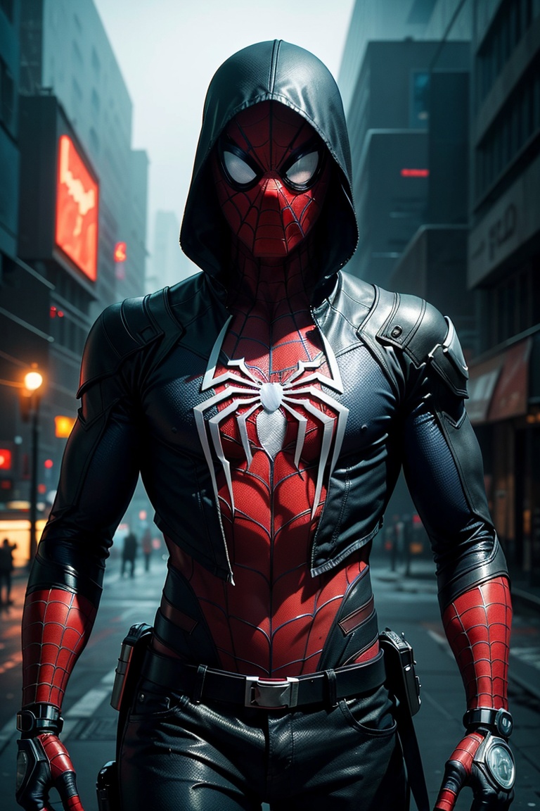 (Killer Spider-Man) from (Marvel),  the entire suit drenched in blood,  with (pieces of torn clothes) scattered about. The...