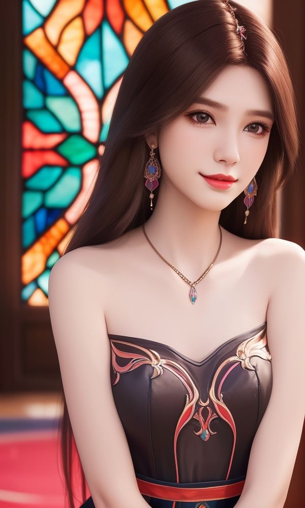 (,1girl, ,best quality, )<lora:354-DA-遮天-林佳:0.7>,, (close-up portrait),(upper body:1.22),(realistic:1.11),(Photo-referencing),HDR,Studio Lighting,Soft Lighting, ,, a slender petite little girl,Delicate muscle lines,(Skinny body),(solo:1.5),( looking at viewer:1.22),The white shiny skin, (smirk:1.2),(dynamic pose),(arms behind back),arms at sides, (very long payot),(Absurdly long Brown straight hair:1.22),parted bangs, (floating hair), (jewelry:1.17), necklace, earrings,(colorful:1.27),(stained glass background),(),(()),,