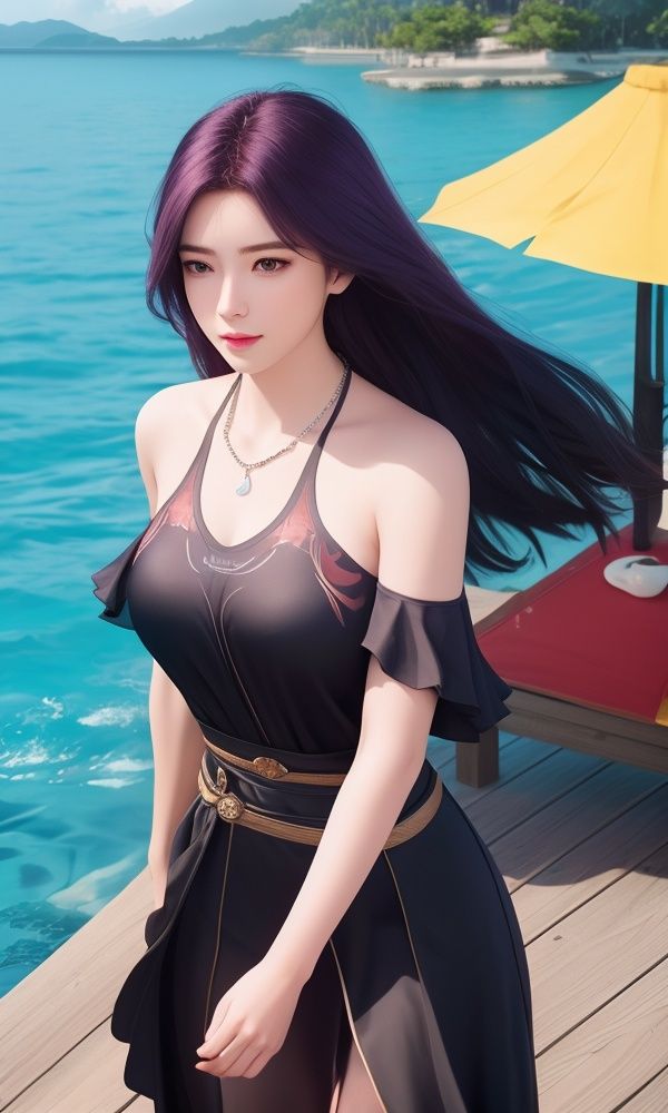 (,1girl, ,best quality, )<lora:354-DA-遮天-林佳:0.8> ultra realistic 8k cg, picture-perfect face, flawless, clean, masterpiece, professional artwork, famous artwork, cinematic lighting, cinematic bloom,ocean, pool, water, 1girl, horizon, beach, poolside, tree, purple_hair, shore, solo, lake, palm_tree, breasts, day, long_hair, necklace, outdoors, sky,