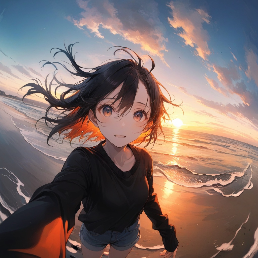  xxmix_girl,a woman takes a fisheye selfie on a beach at sunset, the wind blowing through her messy hair. The sea stretches out behind her, creating a stunning aesthetic and atmosphere with a rating of 1.2.,xxmix girl woman