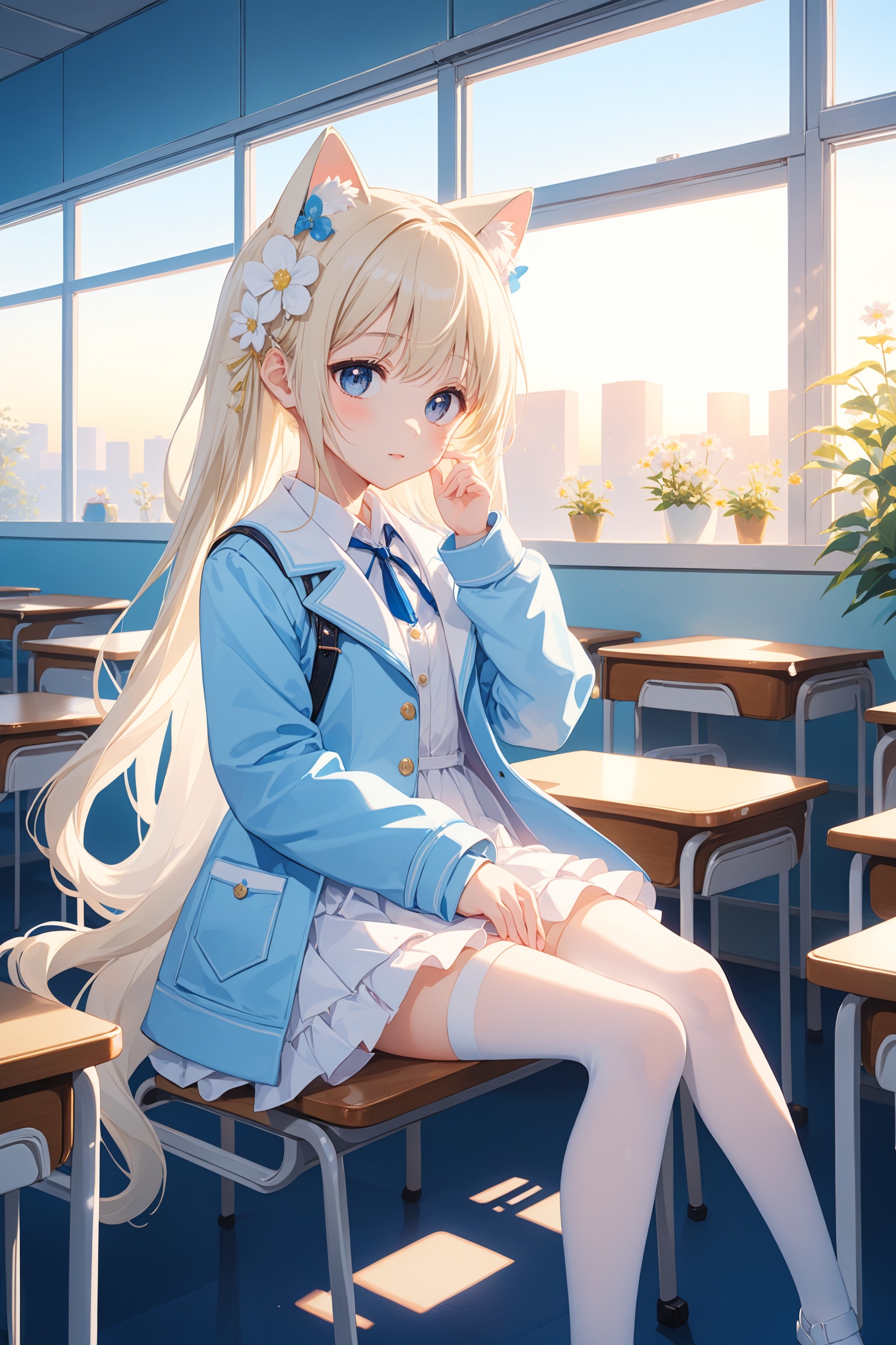  1girl,cat ears,anime style,white long hair,full body,loli,potrait,nai night scape,masterpiece,in classroom,white legwear,((sunny out side)),best quality,solo,momoko,cat ears,in seat,solo,morning,indoor,cinematic lighting,looking at window,long hair,sitting on school chair,school desk,hair ornament,hair flower,cute,white flower,light blue coat,white dress,cinematic lighting,white tail,
