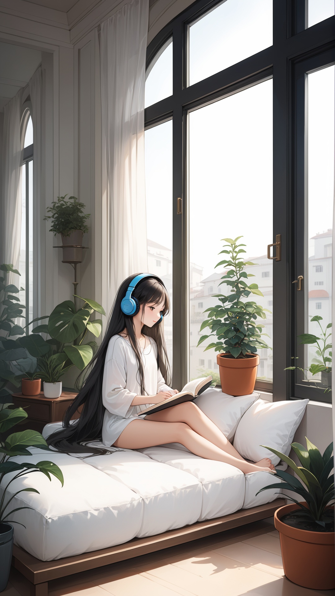  extremely delicate and beautiful, depth of field, amazing, masterpiece, growth, visual impact, ultra-detailed, 1girl, long_hair, Modernist style architecture, window, book, pillow, barefoot, solo, plant, very_long_hair, indoors, potted_plant, headphones, cup, gorgeous, fantasism, nature, refined rendering, original, contour deepening, high-key and low-variance brightness scale, soft light, light and dark interlaced