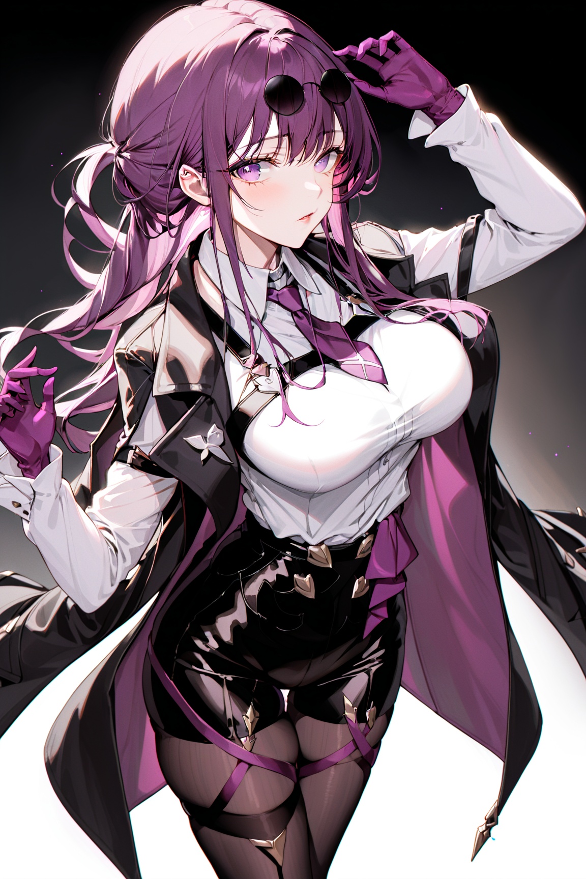  
BCB
41分钟前提示anime,masterpiece,best quality,ultra detailed,official art,beauty and aesthetics,detailed,highly detailed,kafuka,1girl,solo,gloves,purple hair,breasts,long hair,(sunglasses:1.2),looking at viewer,shirt,eyewear on head,long sleeves,purple eyes,white shirt,bangs,holding,large breasts,pantyhose,coat,necktie,collared shirt,scathach (fate),jacket on shoulders,shorts,cowboy shot,hair between eyes,standing,parted lips,jacket,purple gloves,holding eyewear,black shorts