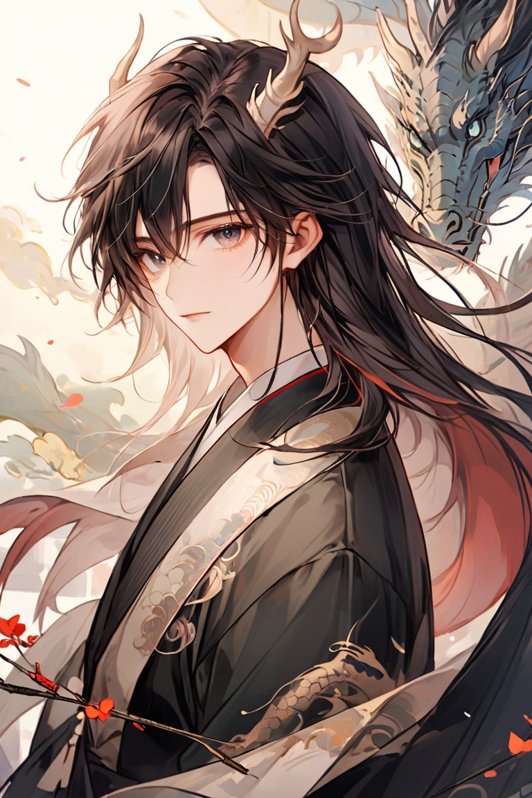  {an extremely delicate and handsome boy}, 8k wallpaper, {{{masterpiece}}},two dragon horns,
