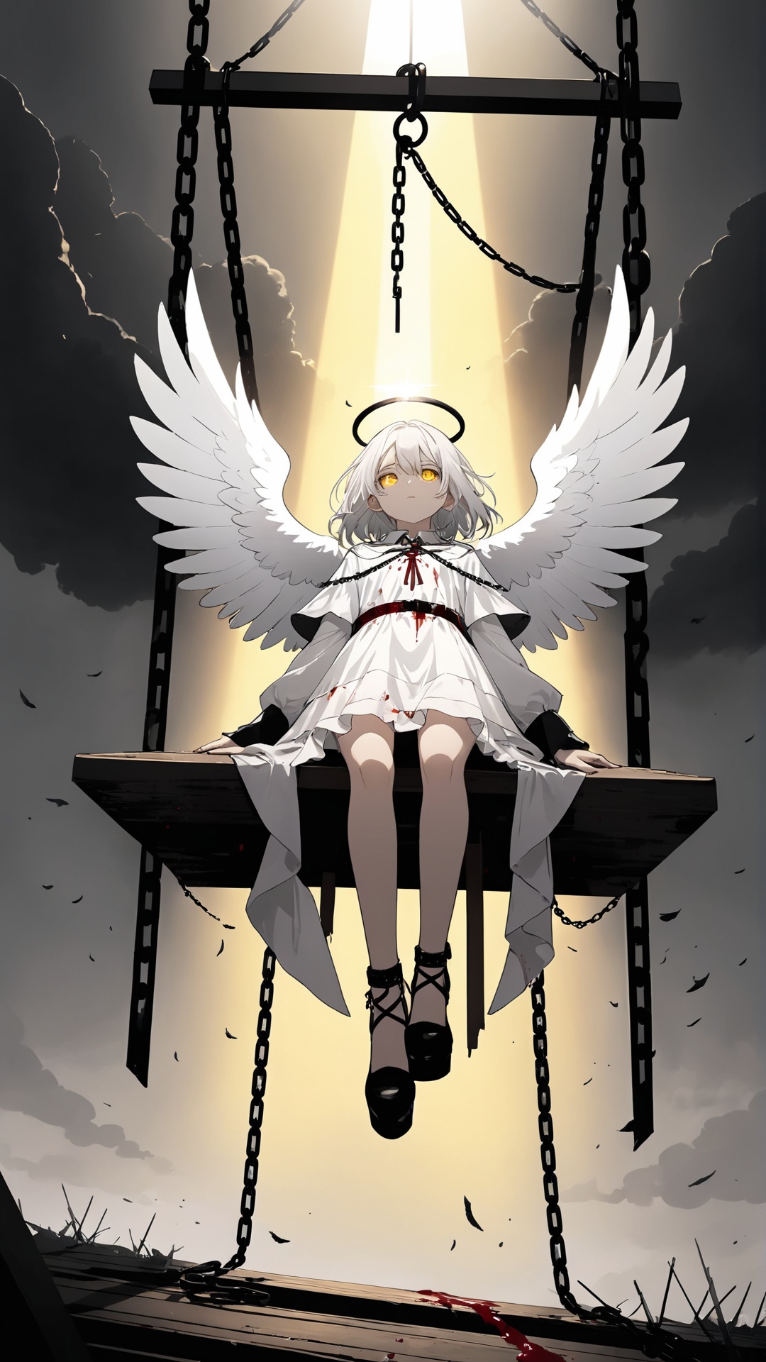  (from below:1.25), (god rays:1.2),
(1 angel:1.2) floating on (platform gallows:1.3), guillotine, (full body), (hanging:1.3), (hands behind back:1.3)
(white angel wings:1.25), (broken:1.4) white dress, dirty dress, dust, blood, (yellow eyes), glowing eyes, long white hair, (solo)
holiness, ((black chains:1.2) wrapped around the angel:1.2), **** of shoe, deadpan, (Torn clothes:1.2)
(on platform gallows:1.2), execution ground, (dark clouds), (floating feather)
