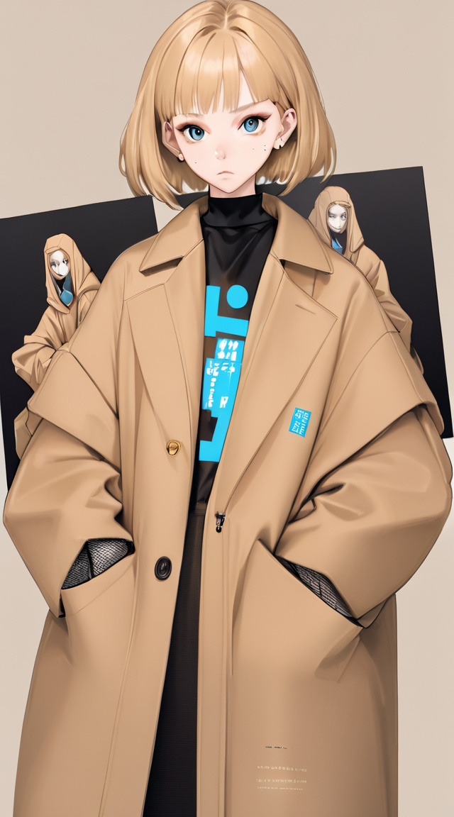  A girl holding up a piece of paper with MONK.REN written on it, nime artwork, (a portrait of a woman:1.25), ((large clothes: Acne Studios camel coat):1.4), (low contract:1.1), realism, professional photo, studio shot, fashion, (simple background:1.35), detailed, neo-futurism . anime style, key visual, vibrant, studio anime, highly detailed