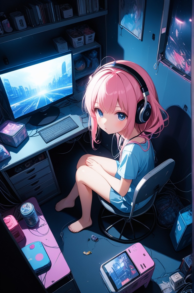 (Highest picture quality), (Master's work), ((detailed face description)),(8K wallpaper),(from above:1.2),fisheye,,1girl,(loli,little girl:1.2),(glowing eyes:1.2),pink hair,blue eyes,headphone,(bare legs),(messy room),junk food,potato chip,drink,(dark room:1.3),cable on the floor, (otaku_room,a very dim room:1.2), realistic, full_body, curtain,(realistic:0.6),dark tone, (blue tone), chaos theme, futuristic room,cyberpunk, giant monitor that display video game,bookshelf,trash can,toy,electronic gadget,,(The curtains are drawn),,blush,blank stare, playing games,(sitting on the chair),,(In (a very dim room), fluorescence from a computer screen is the only light source.),soft glow of the computer screen illuminating the space, flashing lights from the game, eerie blue hue, pov.

