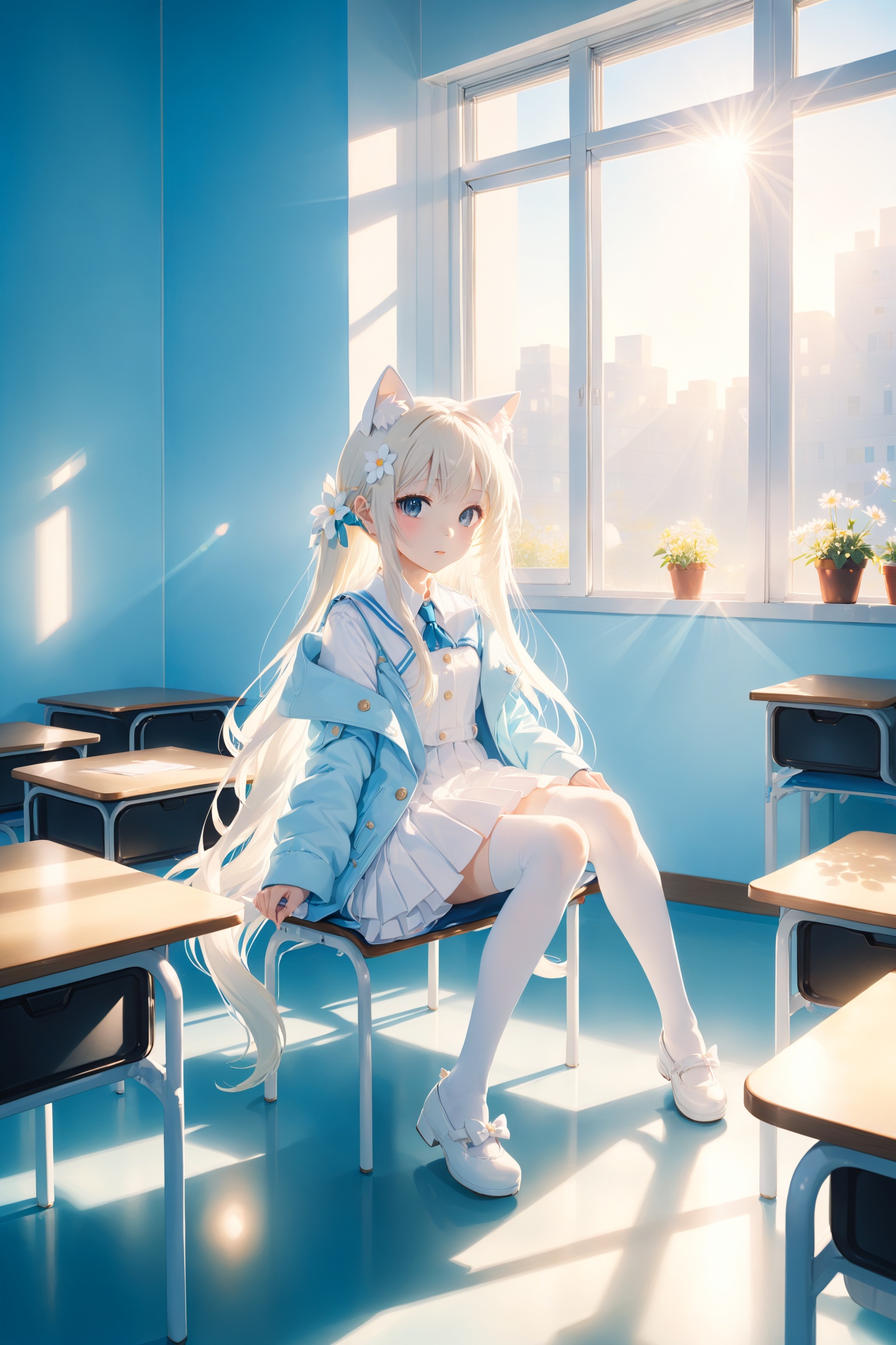  1girl,cat ears,anime style,white long hair,full body,loli,potrait,nai night scape,masterpiece,in classroom,white legwear,((sunny out side)),best quality,solo,momoko,cat ears,in seat,solo,morning,indoor,cinematic lighting,looking at window,long hair,sitting on school chair,school desk,hair ornament,hair flower,cute,white flower,light blue coat,white dress,cinematic lighting,white tail,
, monkren, sunlight