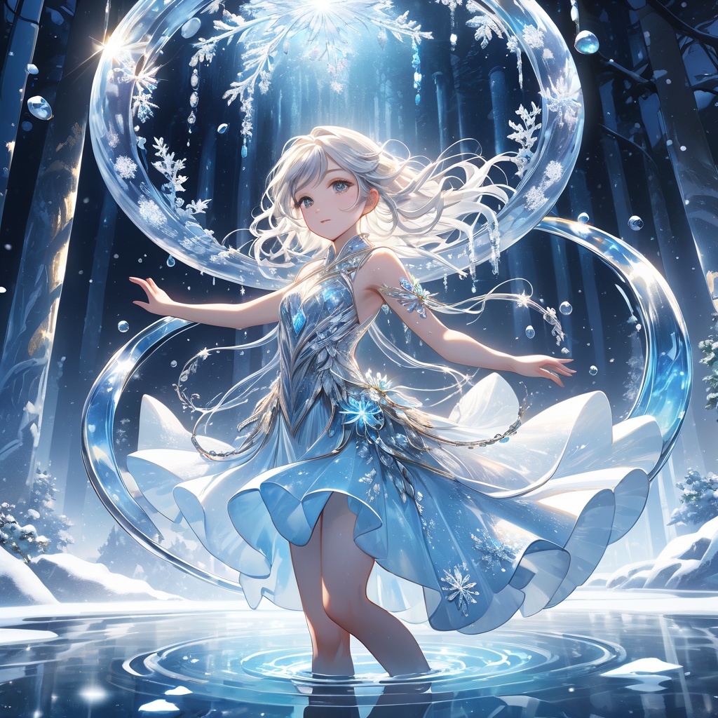  (Masterpiece, high quality, best quality, official art, beauty and aesthetics:1.2),,(water ring:1.2),ice,a girl surrounded by rings of water,ice and water,photorealistic,entangle,1girl,chinese woman,(full body:1.3),Glowing eyes,tears,Golden eyeshadows,ecstasy of flower,dynamic angle,(the most beautiful form of chaos:1.2),elegant,(Gradient colours:1.2),(romanticism:1.1),film,highly detailed,skin detail realistic,Glass fragments,Shimmering Crysta,looking at viewer,profile,white hair,backlighting,((floating)),dynamic angle,beautiful detailed glow,(floating palaces:1.2),((detailed beautiful snow forest with trees)),((snowflakes)),floating,