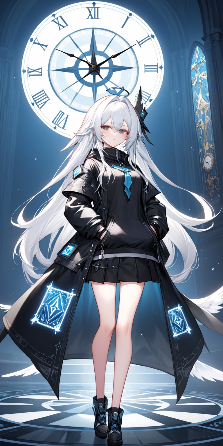  a woman with long white hair standing in front of a clock, antasy character, full - body artwork, azure. detailed hair, character album cover, arknights, artificer, from arknights, full character body, full art, among us character, aion, angel knight gothic girl, official character illustration, as a tarot card, single character full body,Hidden hand, ,(stand:1.2),(standing:1.2),(upperbody:1.2),(upper body:1.3),depth of field,Back hand,shoushou,arms behind back,hands in pockets