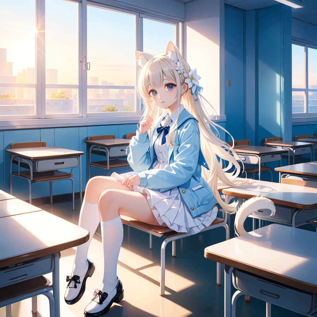 1girl,cat ears,anime style,white long hair,full body,loli,potrait,nai night scape,masterpiece,in classroom,white legwear,((sunny out side)),best quality,solo,momoko,cat ears,in seat,solo,morning,indoor,cinematic lighting,looking at window,long hair,sitting on school chair,school desk,hair ornament,hair flower,cute,white flower,light blue coat,white dress,cinematic lighting,white tail,
