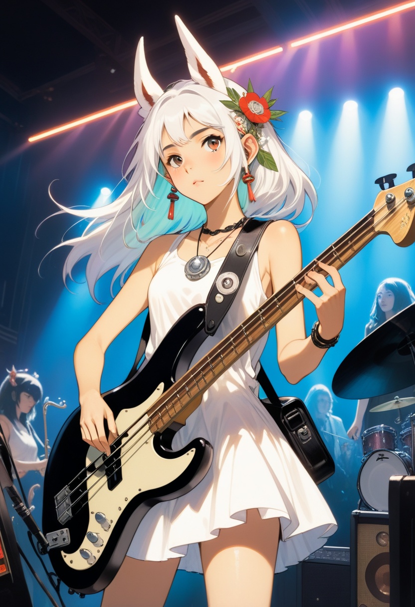  Photo, 1 girl, San from Princess Mononoke playing bass at a heavy metal concert, art by Studio Ghibli, art by J.C. Leyendecker, Canon 5d Mark 4, Kodak Ektar, neon light
, monkren, sunlight, concept art