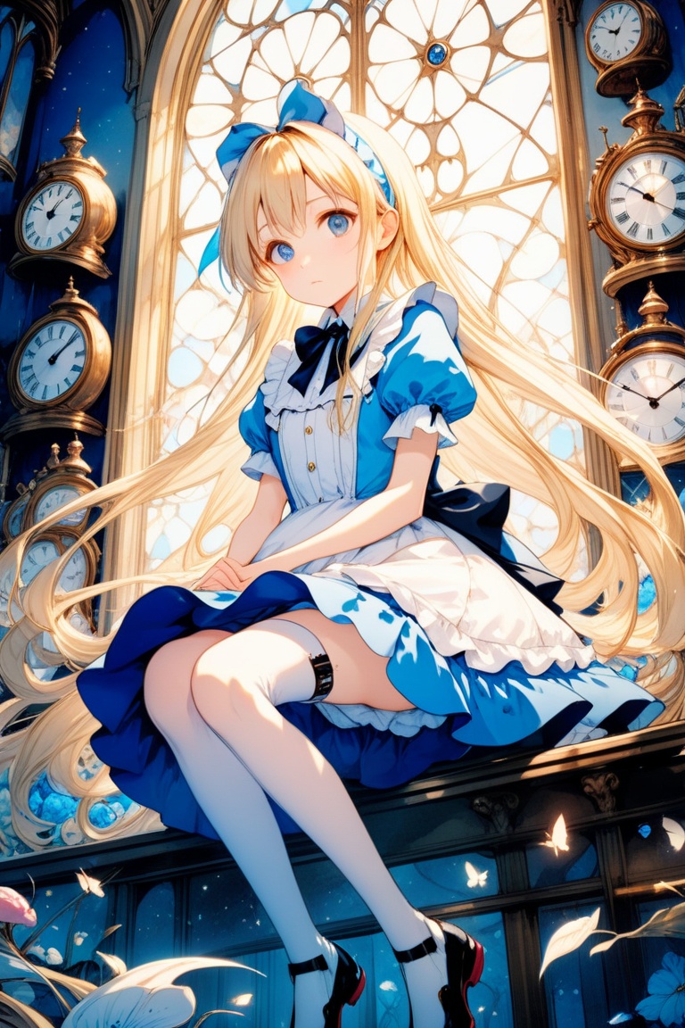  ultra-detailed,(best quality),((masterpiece)),(highres),original,extremely detailed 8K wallpaper,(an extremely delicate and beautiful),,anime,,Alice in Wonderland,1girl blonde straight hair serious stocking sit clocks ( manga-anime , gradient by Yuumei Victo Ngai),