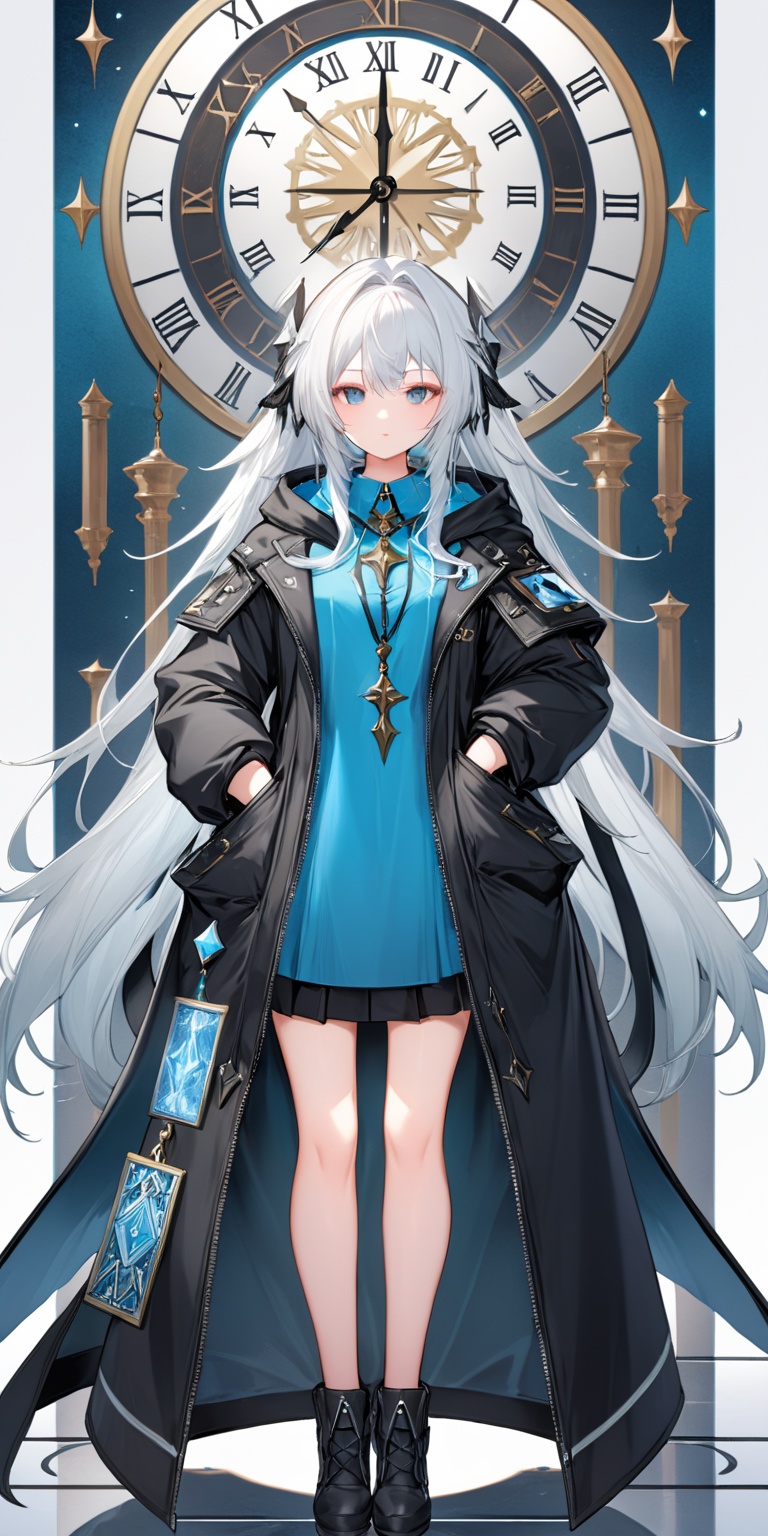  a woman with long white hair standing in front of a clock, antasy character, full - body artwork, azure. detailed hair, character album cover, arknights, artificer, from arknights, full character body, full art, among us character, aion, angel knight gothic girl, official character illustration, as a tarot card, single character full body,Hidden hand, ,(stand:1.2),(standing:1.2),(upperbody:1.2),(upper body:1.3),depth of field,Back hand,shoushou,arms behind back,hands in pockets