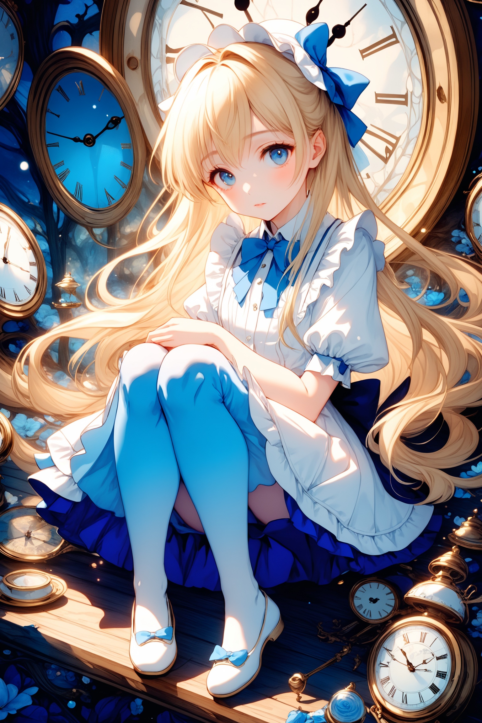  ultra-detailed,(best quality),((masterpiece)),(highres),original,extremely detailed 8K wallpaper,(an extremely delicate and beautiful),,anime,,Alice in Wonderland,1girl blonde straight hair serious stocking sit clocks ( manga-anime , gradient by Yuumei Victo Ngai),