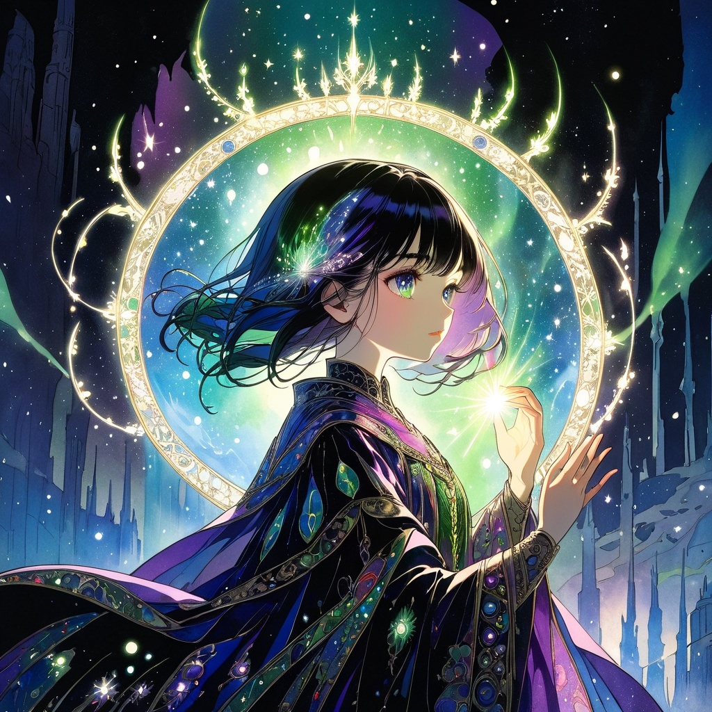  1girl,casting spells,detailed face, detailed hand,fantasy,Aurora Borealis,dramatic lighting,shadows,(art by Harry Clarke Hiroshi Yoshida)