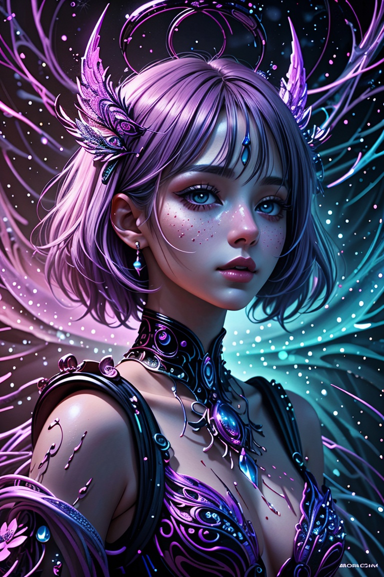 An extraordinary 8K photograph that transports a woman into a surreal,  dreamlike world of vibrant colors and dramatic lig...