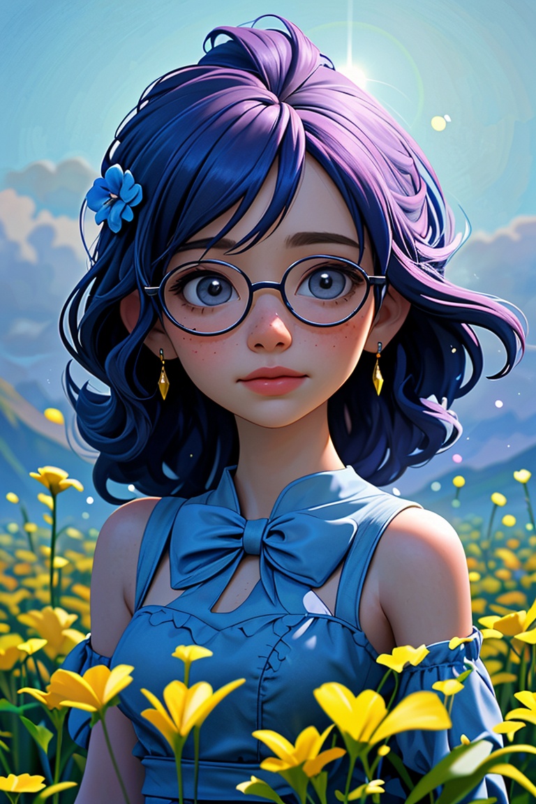 girl in a blue dress with a hair flower,  standing in a vast flower field. The girl is wearing glasses and has beautiful f...