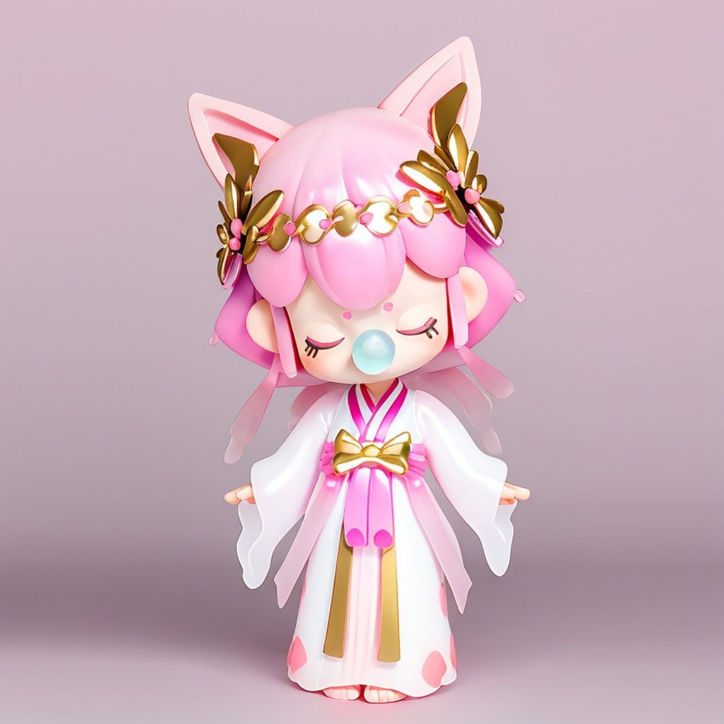 Nanci, 1girl, blue nasal mucus blister, closed eyes, pink hair, solo, pink fox ears, bubble blowing, chewing gum, transparent background, cat ears, facial mark, white background, simple background, chibi, hanfu, golden hair accessories, <lora:Nanci:0.7>, 
