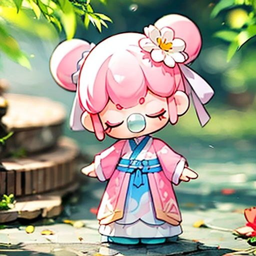 Nanci,1girl,(pink hair:1),blue nasal mucus blister,closed eyes,solo,hair ornament,flower,hair flower,hair bun,blurry,double bun,baby,full body,ribbon,standing,blurry background,chinese clothes,makeup,outdoors,day,long sleeves,<lora:Nanci-NUM:STRENGTH>,