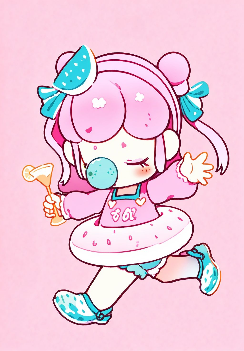 Nanci,solo,closed eyes,1girl,blue nasal mucus blister,pink hair,white background,round hair bun,simple background,double bun,makeup,full body,eyeshadow,Round eyebrows,swim ring,crocs,blue headband,cann,lemon,with open arms,t-shirt,watermelon hairband,chibi,running,shorts,round eyebrows,clean colors,(minimalist style:1.2),minimalist lines,<lora:Nanci:0.8>,